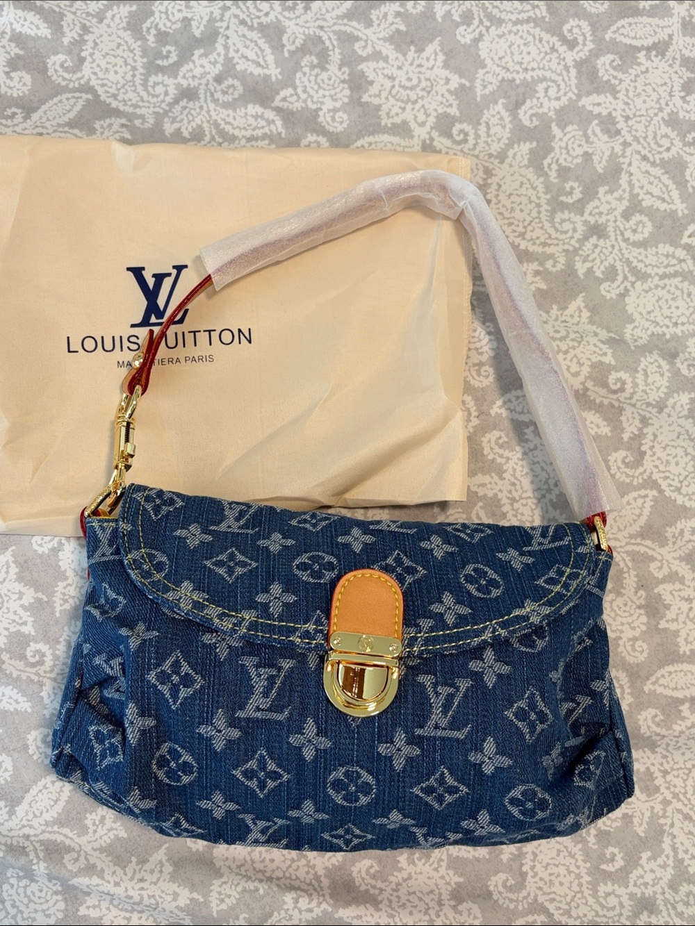 Denim Monogram Shoulder Bag in Blue with Gold Hardware